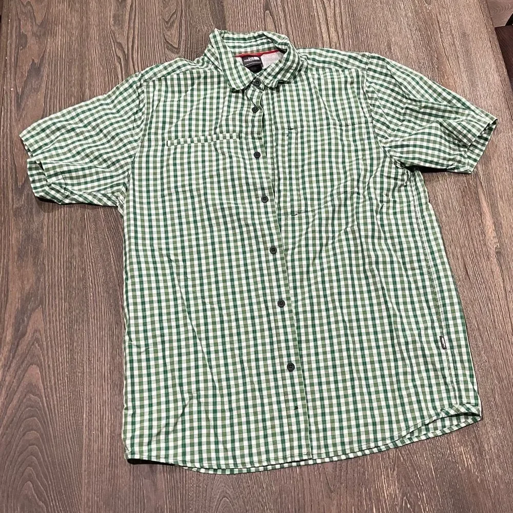 The North Face Button Up Shirt Short Sleeves Pocket Plaid Nylon Green White L
